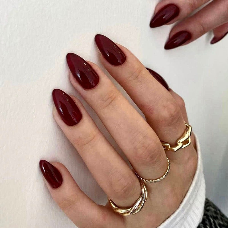 Nails-050-Dark Maroon Almond nails- Free 24 -pc Sticker Sheet  included